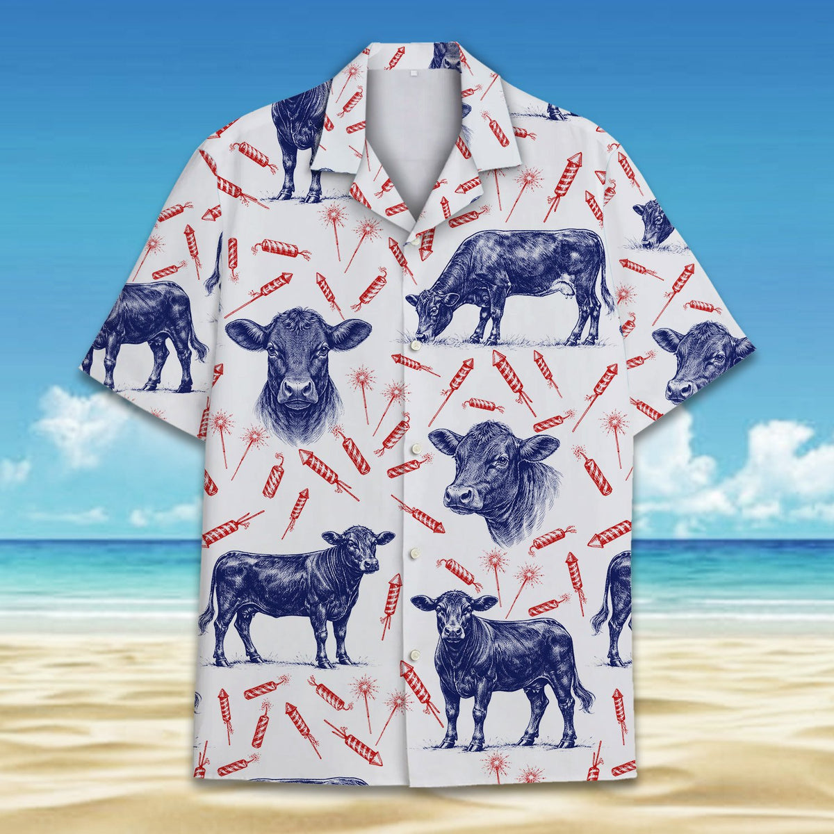 Matching family hawaiian shirts featuring Angus cows and red fireworks, front view