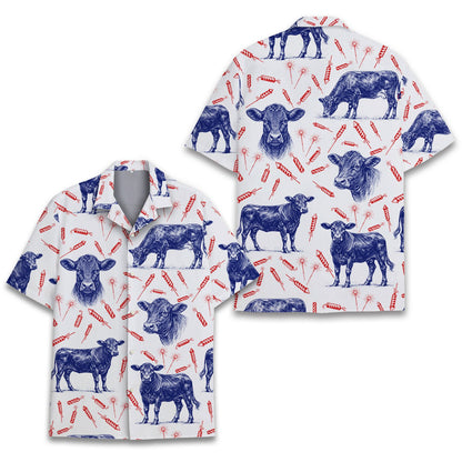 Fabric detail of the angus cows and fireworks hawaiian shirt showing blue sketches