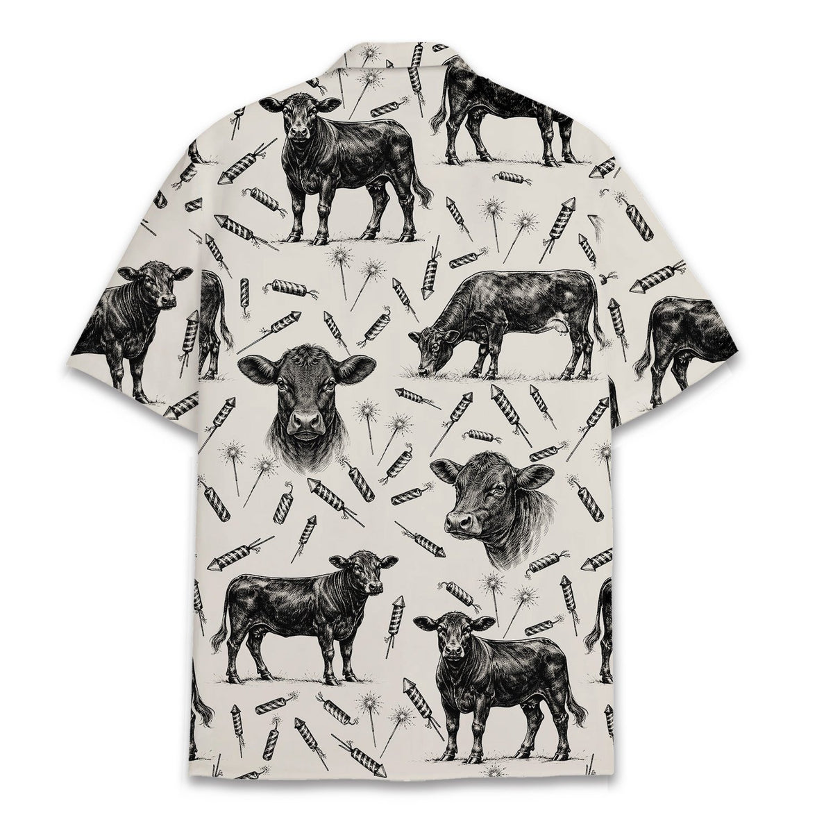 Back view of the Angus cows and fireworks Hawaiian shirt