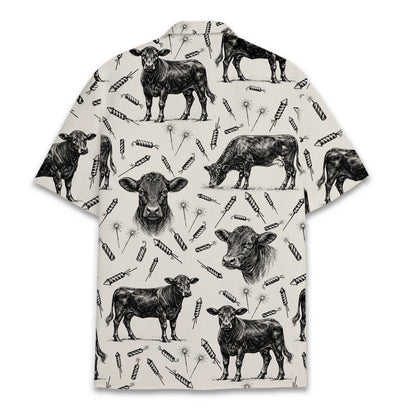 Back view of the Angus cows and fireworks Hawaiian shirt