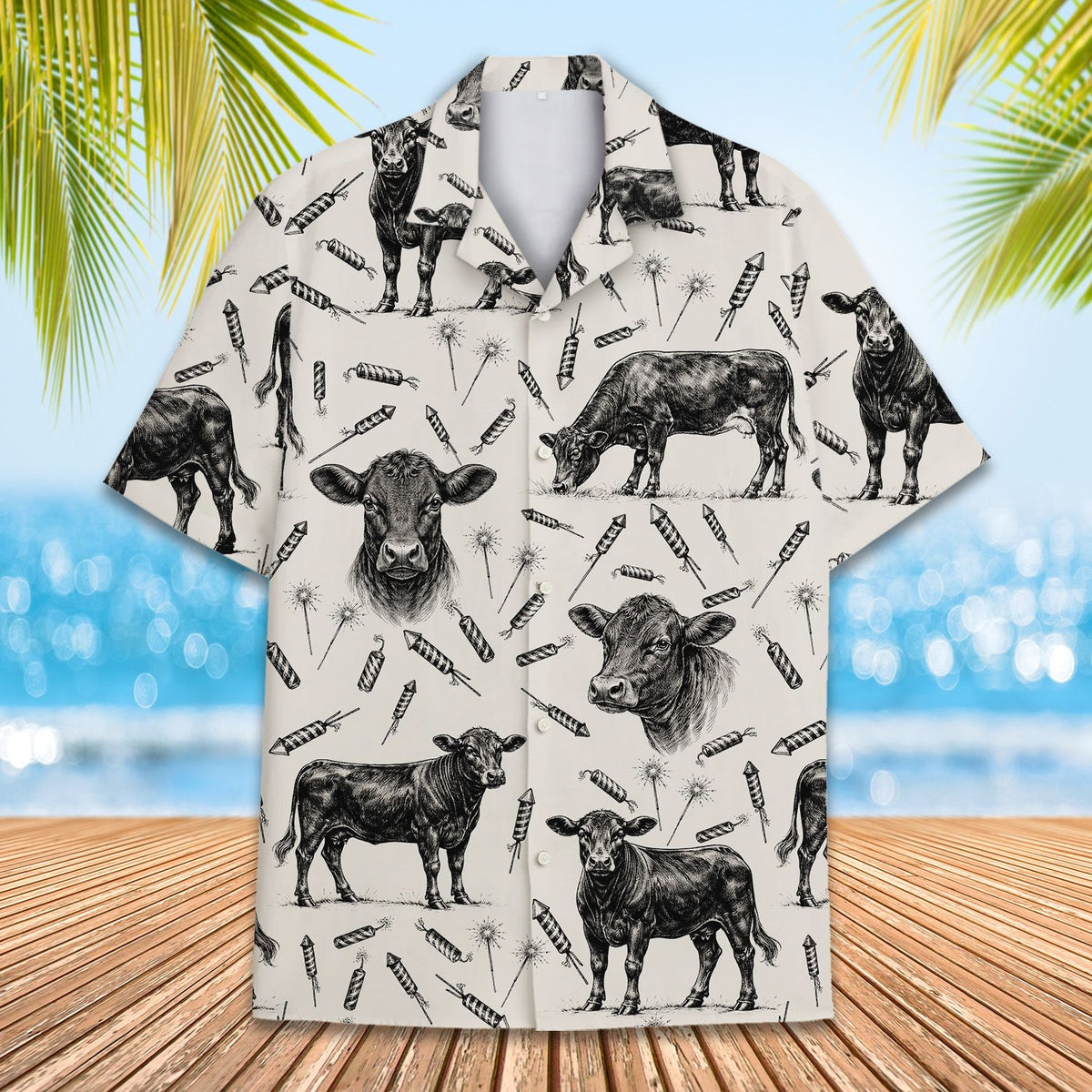 Main view of the Angus cows, fireworks Hawaiian shirt in beige