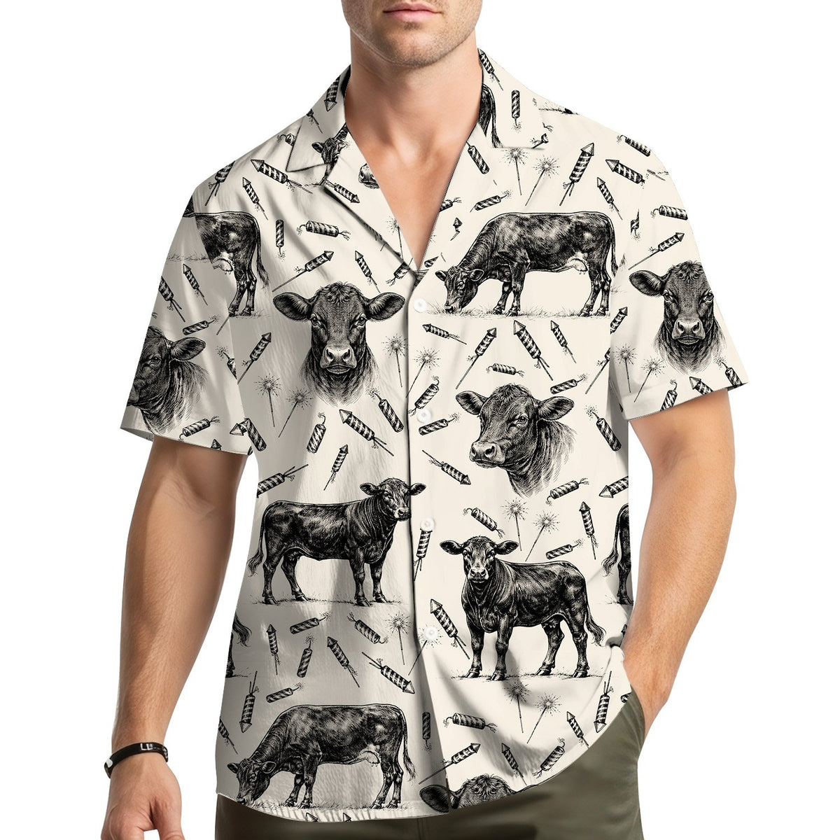 Lifestyle image featuring the Angus cows, fireworks Hawaiian shirt