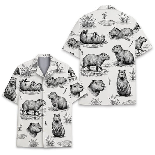 Matching family animal hawaiian shirt featuring capybara illustrations, main view