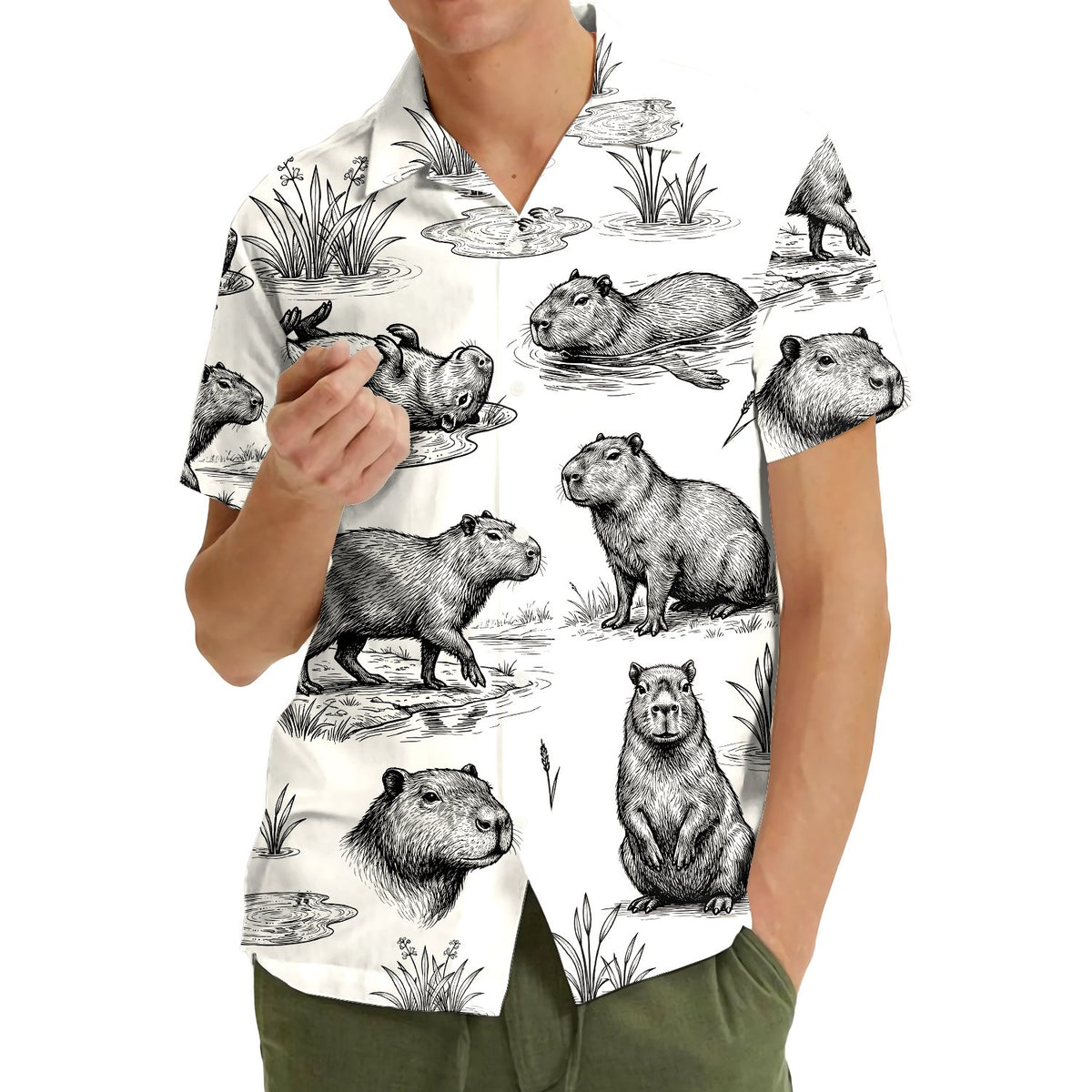 Second lifestyle view of the capybara matching family hawaiian shirt