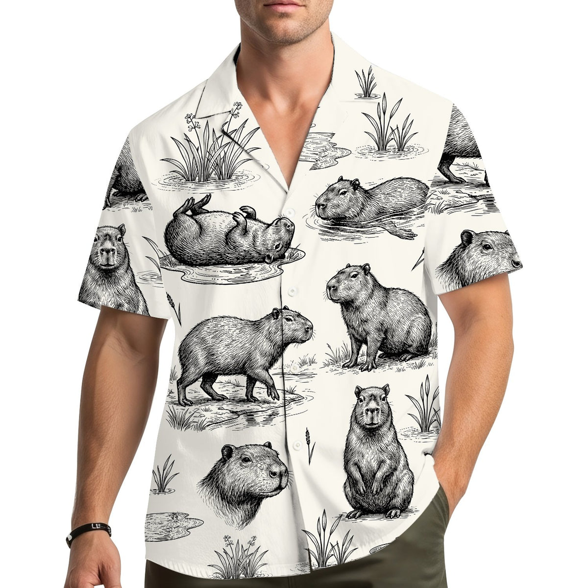 Lifestyle view of someone wearing the beige animal print hawaiian shirt