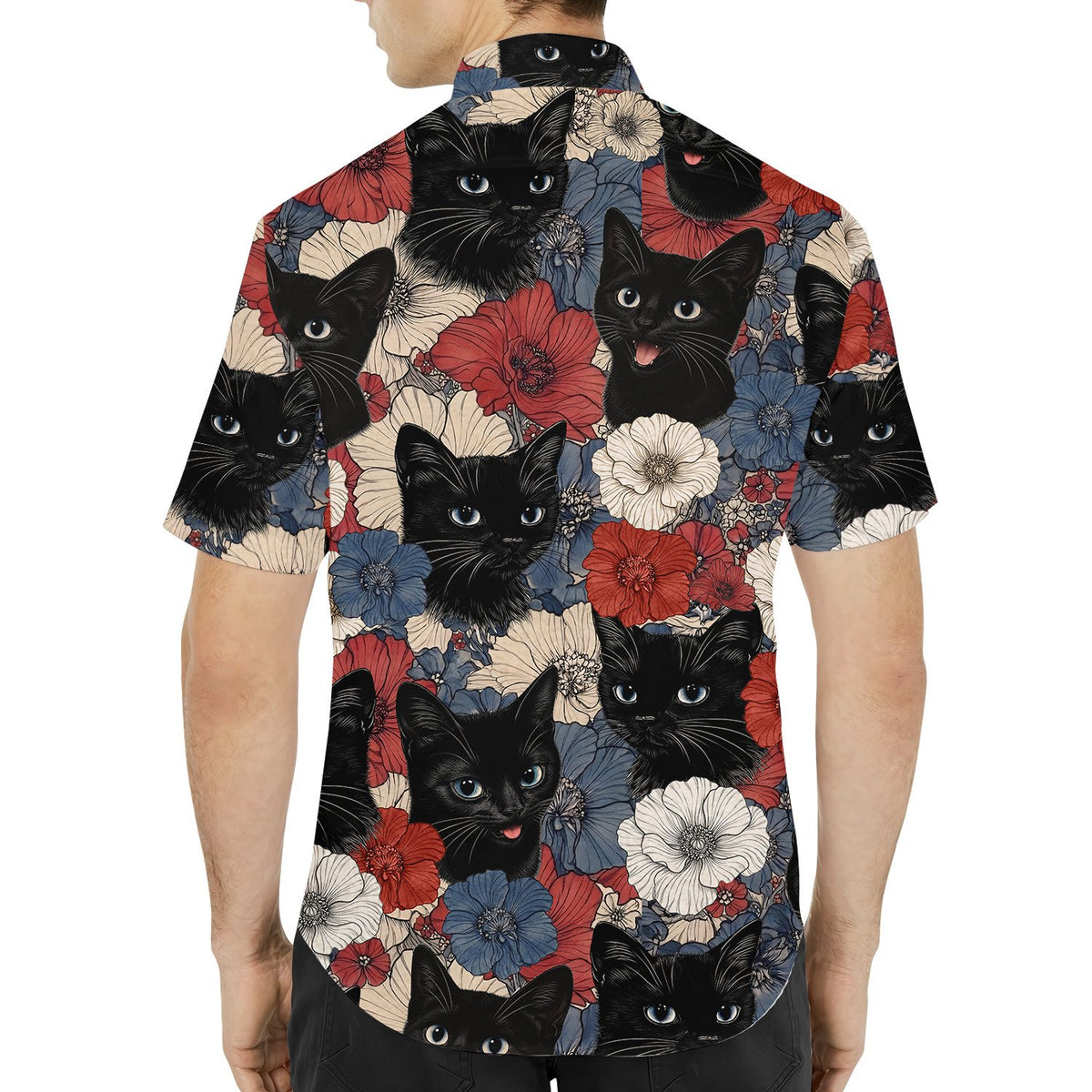 Back view of the red animal hawaiian shirt with black cat pattern