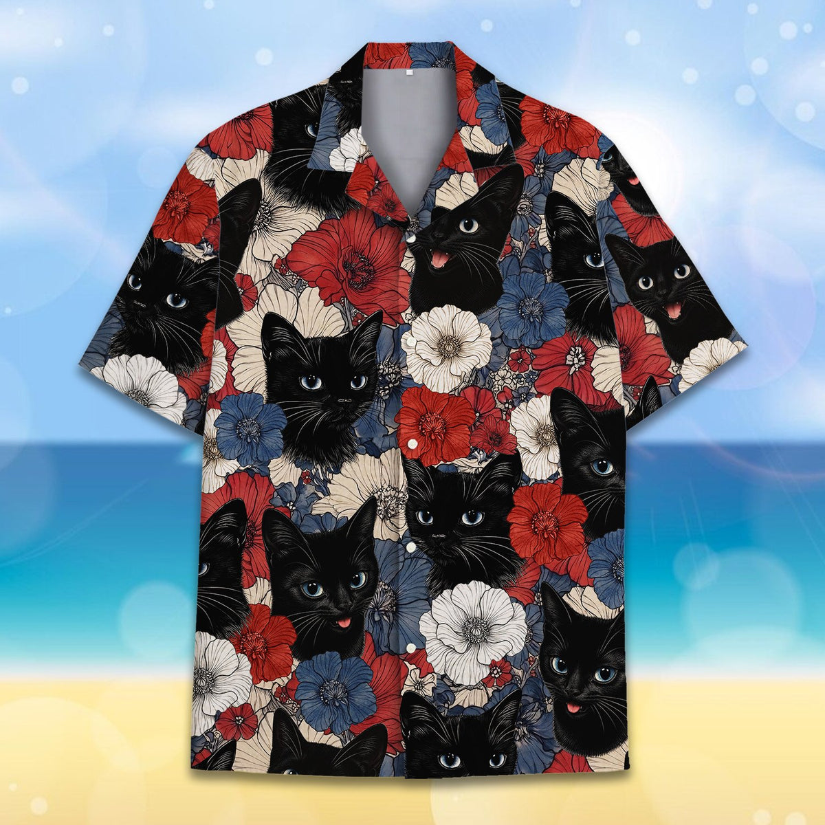 Close up front detail of the red white and blue floral cat hawaiian shirt