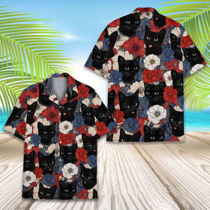 Another front view showing the bold floral cat pattern on the hawaiian shirt