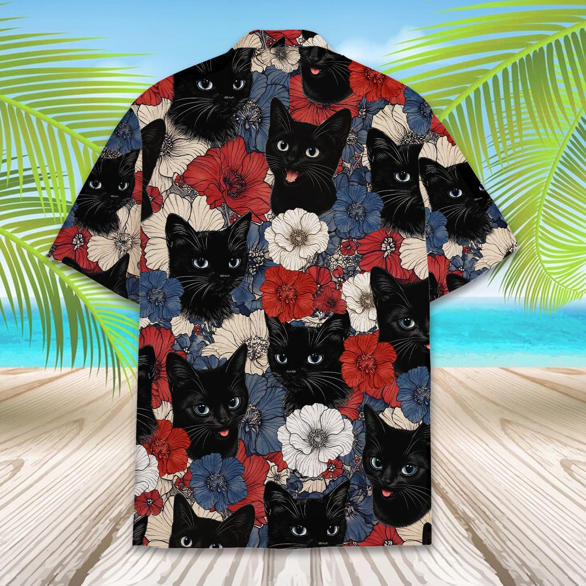 Styled front view of the floral hawaiian shirt with black cat faces