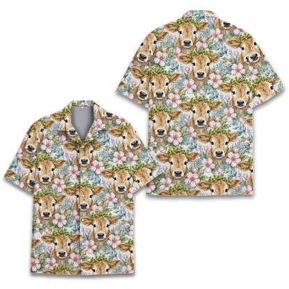 Animal floral hawaiian shirt featuring cow heads and flowers on a white background, front view