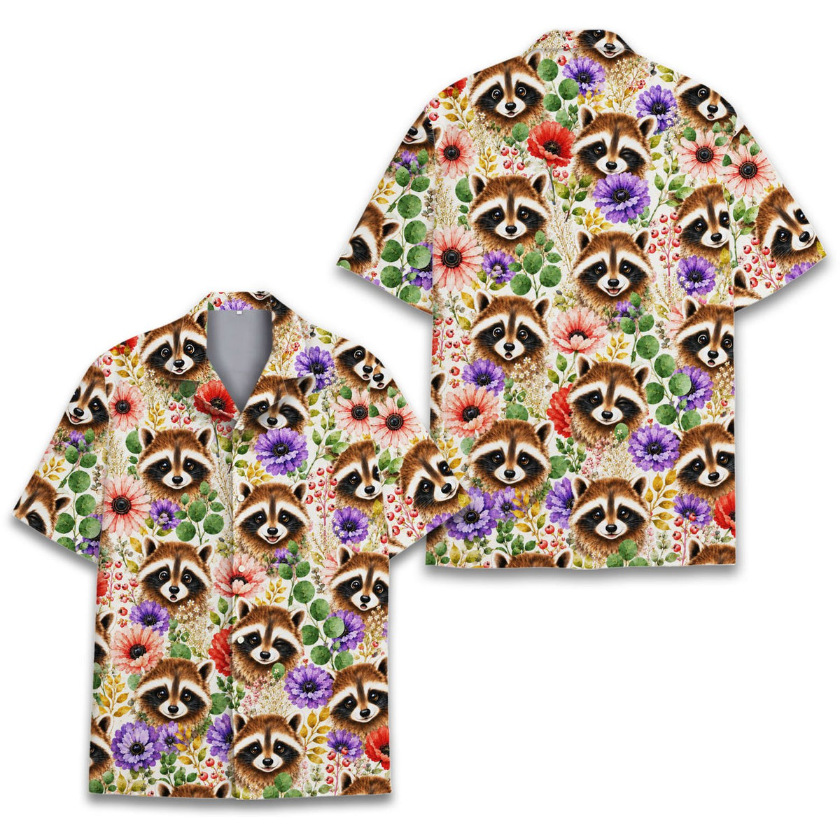 Multicolor animal hawaiian shirt featuring raccoon floral design, front view
