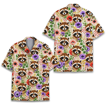 Multicolor animal hawaiian shirt featuring raccoon floral design, front view