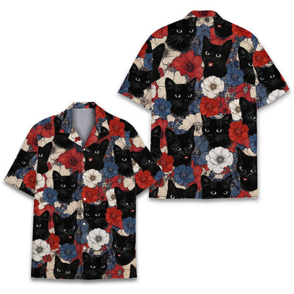 Front view of the black cat animal floral matching family hawaiian shirt
