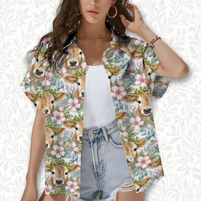 Man and child wearing matching animal floral hawaiian shirts, lifestyle view
