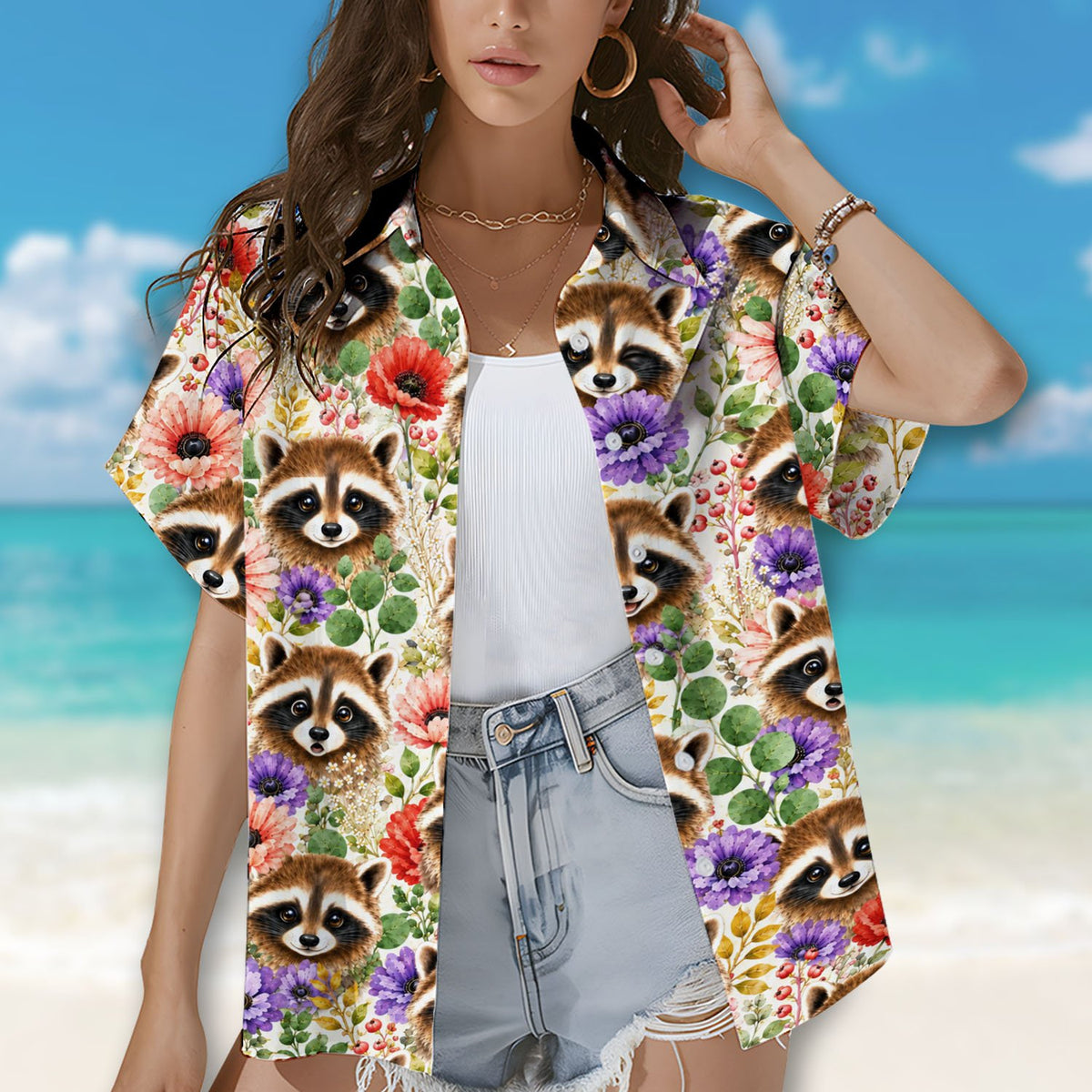 Family wearing matching animal floral hawaiian shirts outdoors