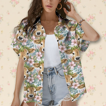 Close up lifestyle shot of the animal floral hawaiian shirt