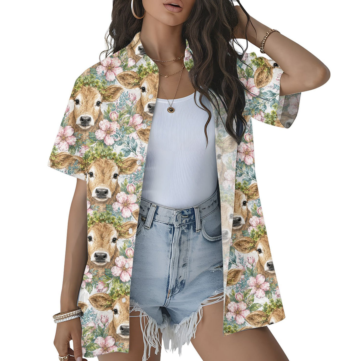 Woman wearing the animal floral hawaiian shirt in a casual setting, lifestyle view