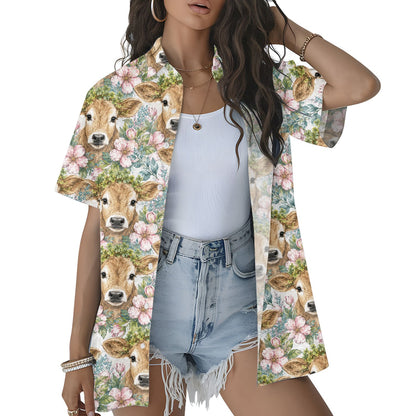 Woman wearing the animal floral hawaiian shirt in a casual setting, lifestyle view