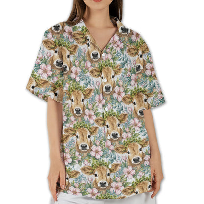 Detail lifestyle view of the cow head and floral pattern on the shirt