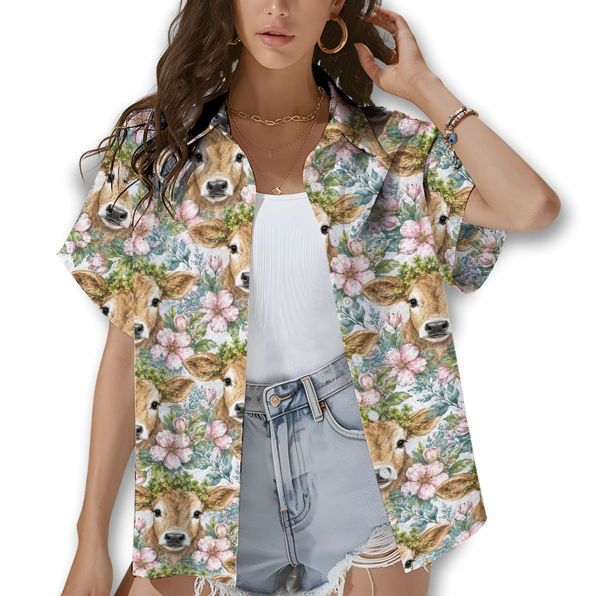 Family wearing matching animal floral hawaiian shirts outdoors, lifestyle view