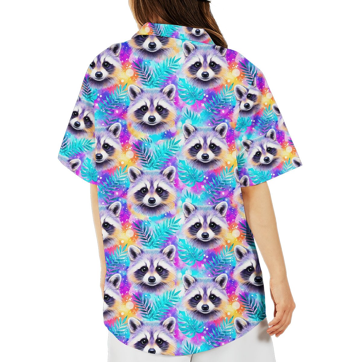 Back view of the multicolor raccoon and tropical leaf hawaiian shirt