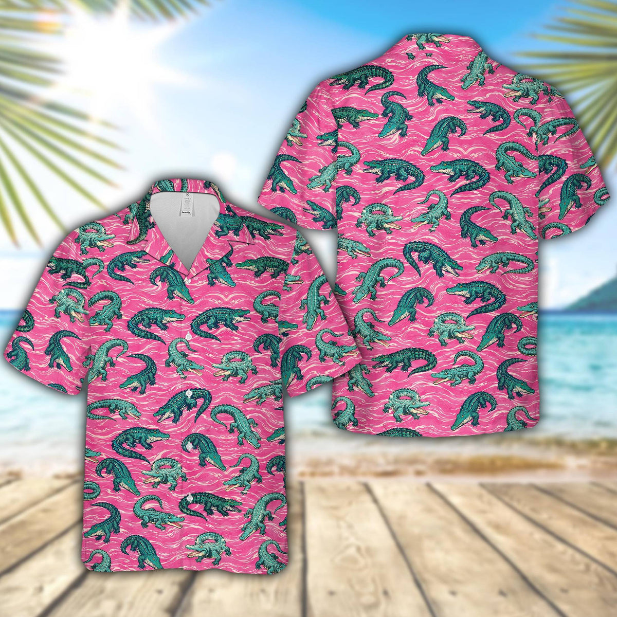 Pink animal hawaiian shirt featuring a repeating green alligator pattern on a wavy background, main view