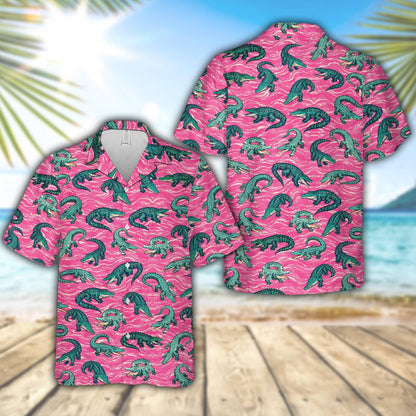 Pink animal hawaiian shirt featuring a repeating green alligator pattern on a wavy background, main view