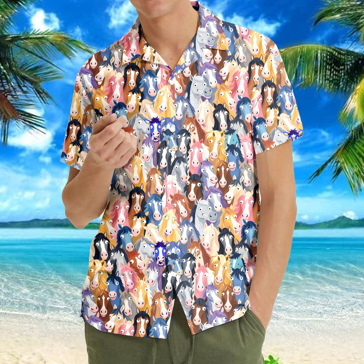 Cartoon horse head animal Hawaiian shirt, front detail view 2