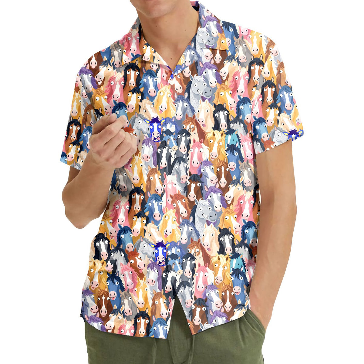 Cartoon horse head animal Hawaiian shirt, front detail view 4