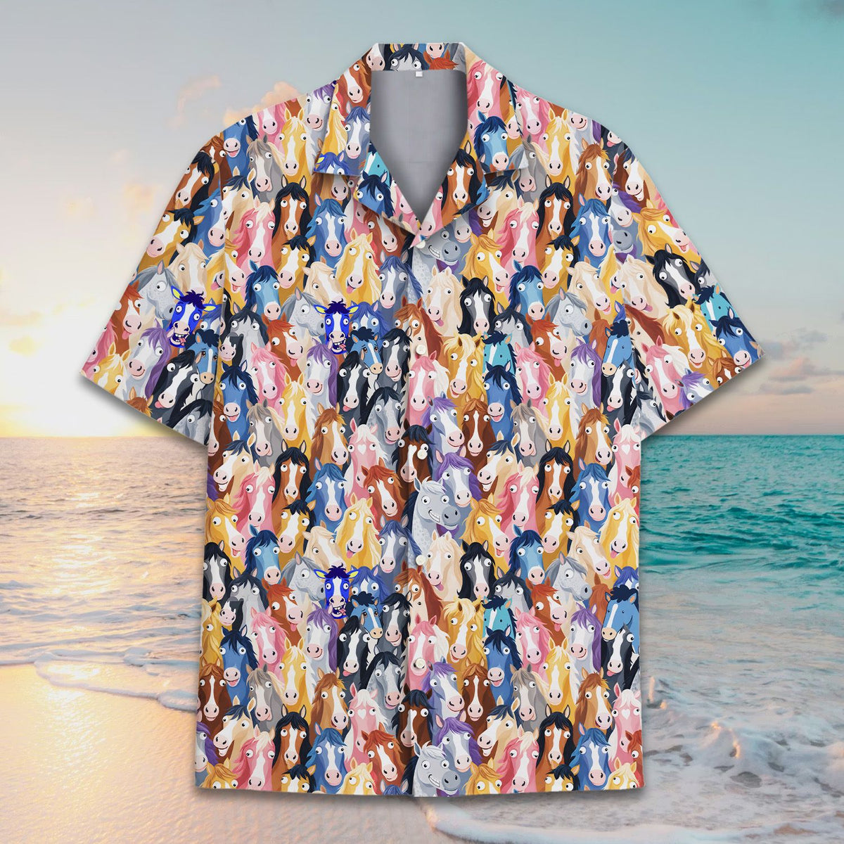 Cartoon horse head animal Hawaiian shirt, front detail view 7