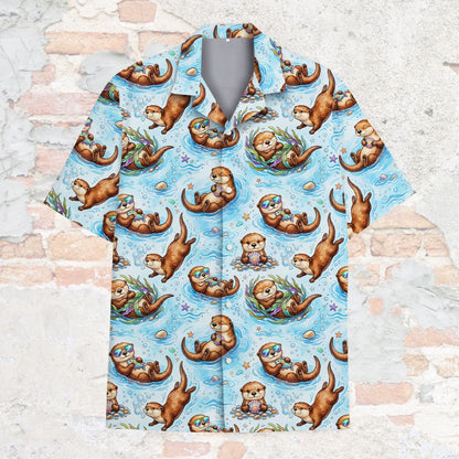 Front of light blue animal hawaiian shirt with sea otters