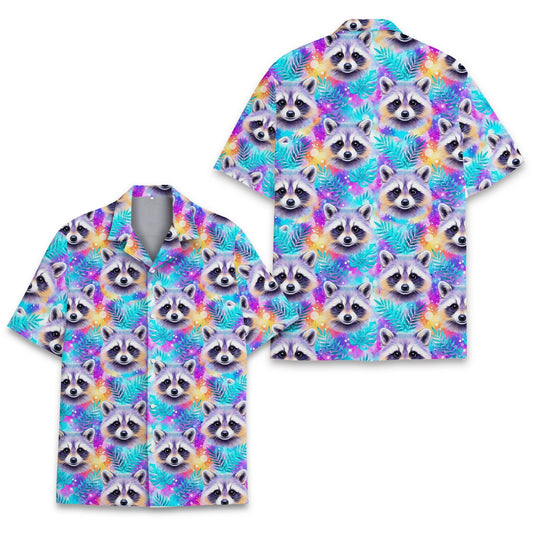 Front view of the vibrant matching family hawaiian shirt with raccoon galaxy print