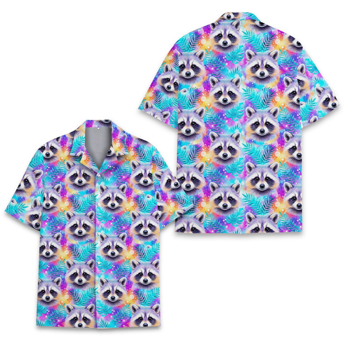 Alternate front view of the colorful raccoon animal hawaiian shirt