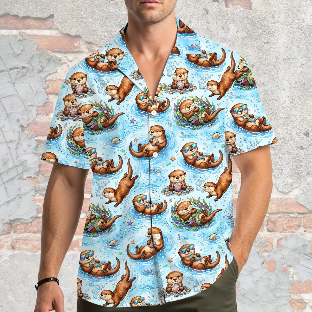 Lifestyle view of the family hawaiian shirts with brown sea otters