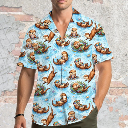 Lifestyle view of the family hawaiian shirts with brown sea otters