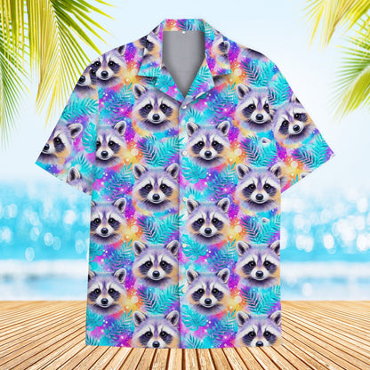 Another lifestyle view of the multicolor raccoon hawaiian shirt