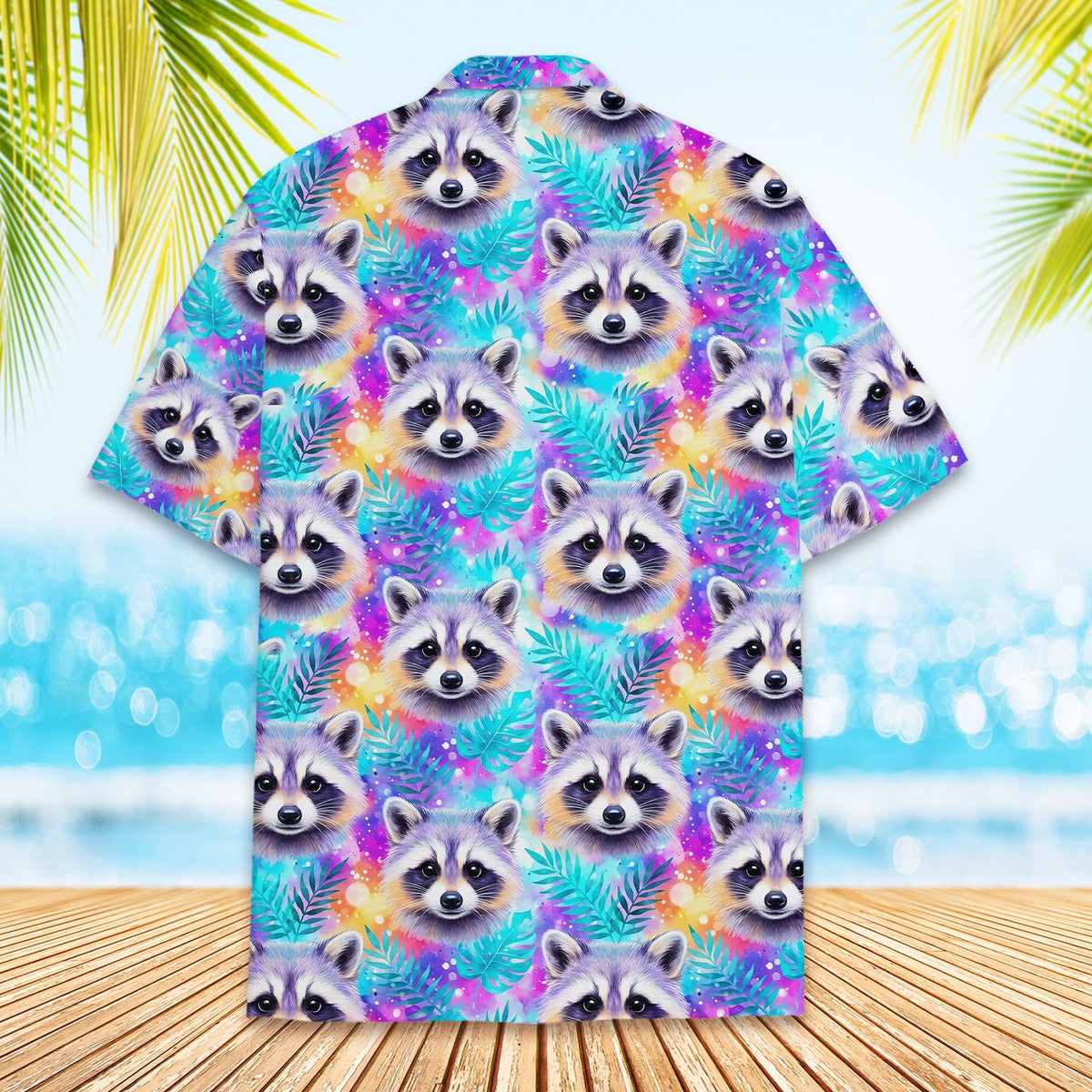 Casual lifestyle setting showing the tropical raccoon shirt design