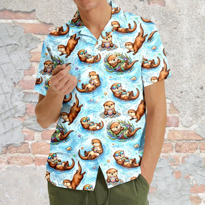 Close up lifestyle image of the blue animal hawaiian shirt