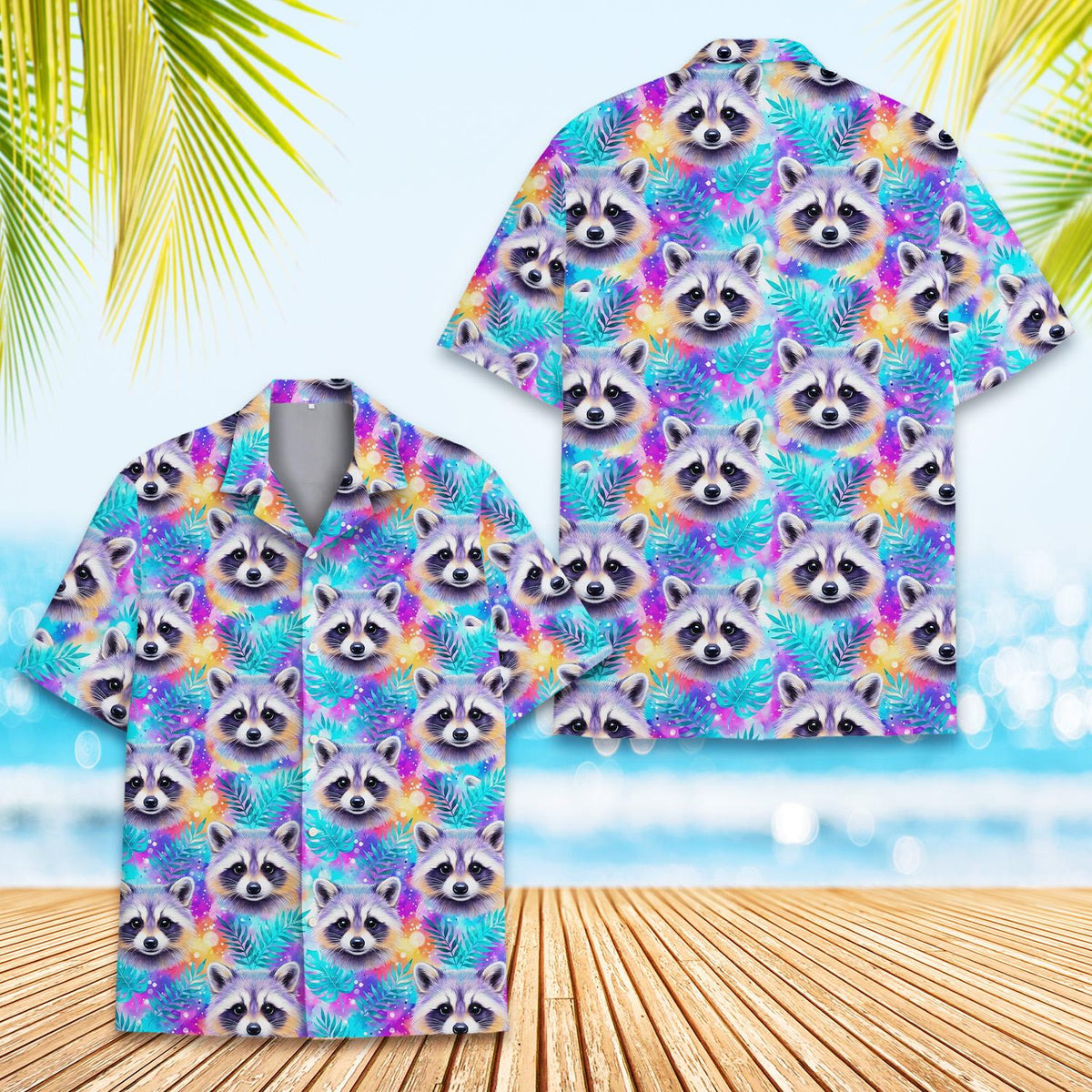 Close-up lifestyle shot of the bright cyan and purple animal print hawaiian shirt