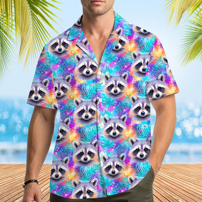 Final lifestyle view of the comfortable polyester raccoon hawaiian shirt
