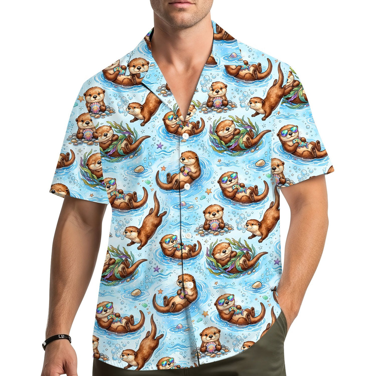 Family wearing the matching sea otter hawaiian shirts in a summer setting