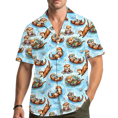 Family wearing the matching sea otter hawaiian shirts in a summer setting