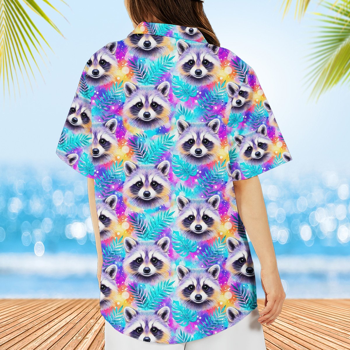Lifestyle view of someone wearing the vibrant raccoon matching family hawaiian shirt