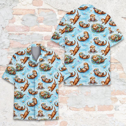 Another detail shot of the light blue sea otter hawaiian shirt
