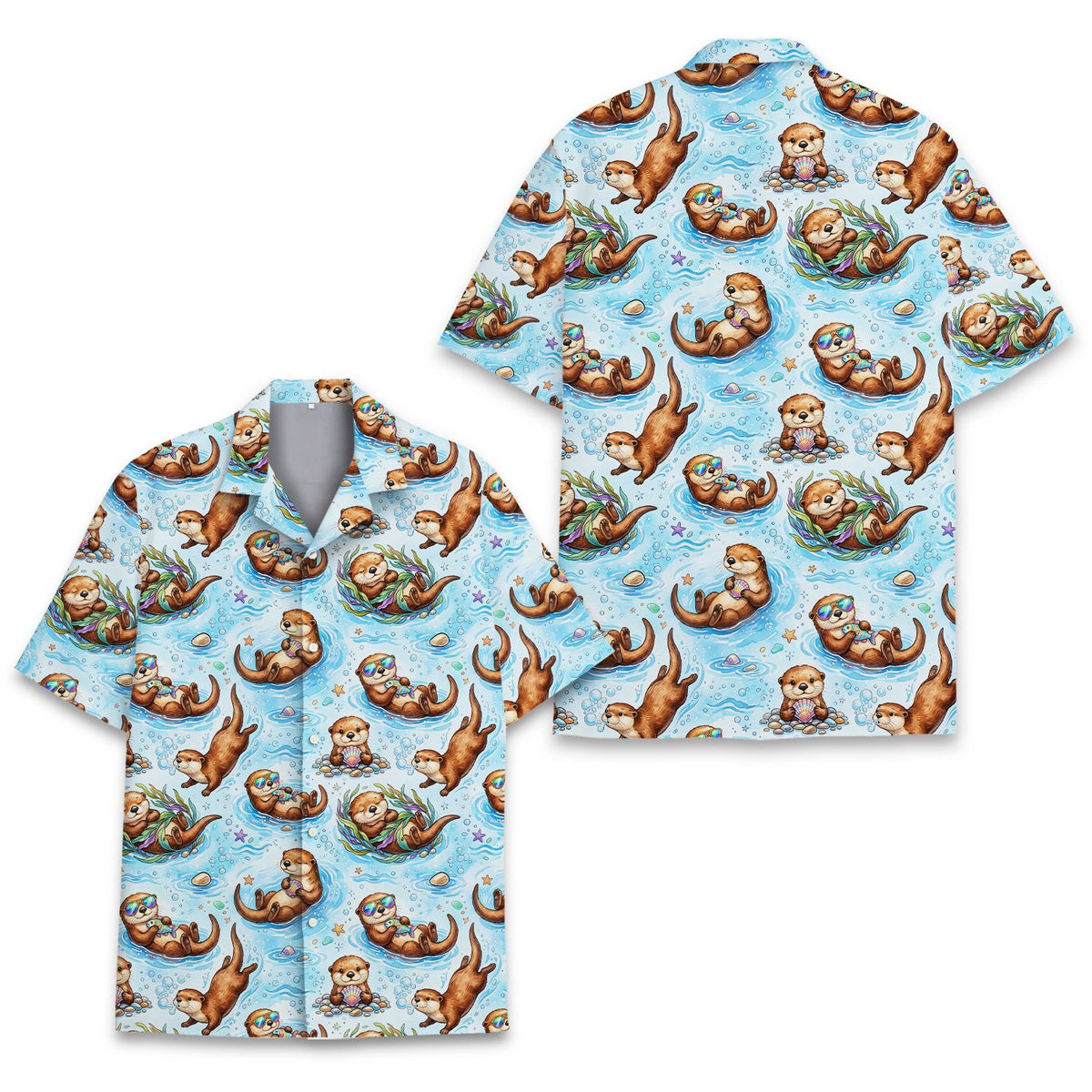 Detailed view of the sea otter pattern on the matching family hawaiian shirt