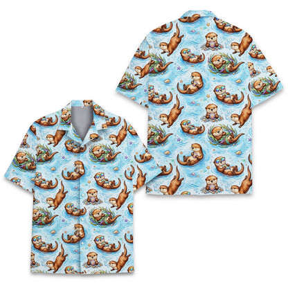 Detailed view of the sea otter pattern on the matching family hawaiian shirt