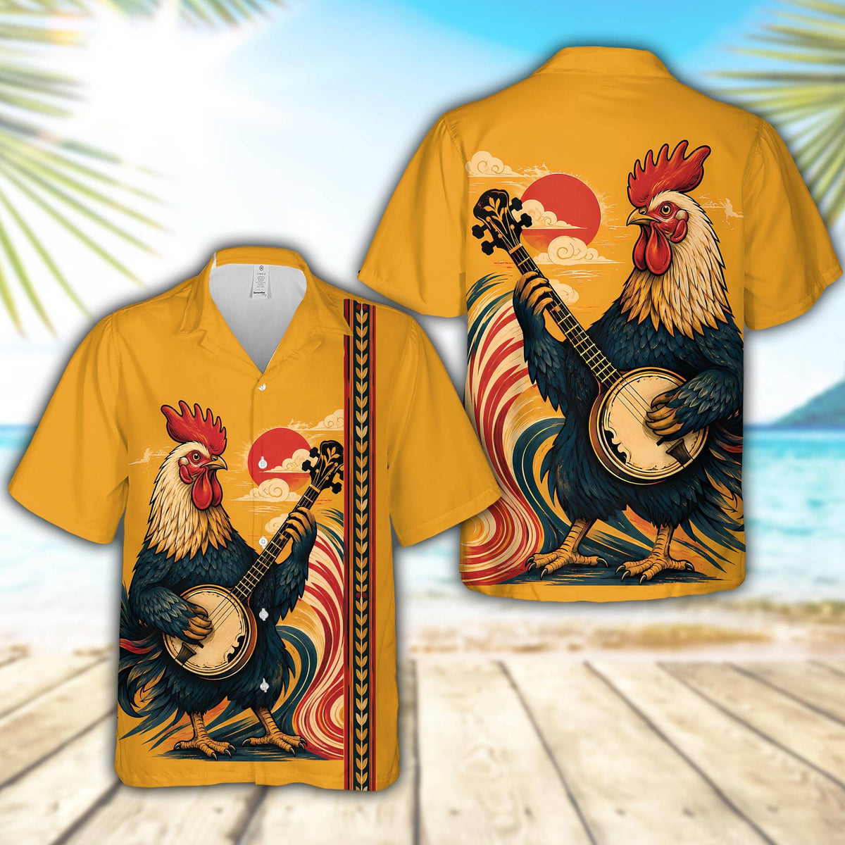 Main view of a yellow animal/music hawaiian shirt featuring a rooster playing a banjo