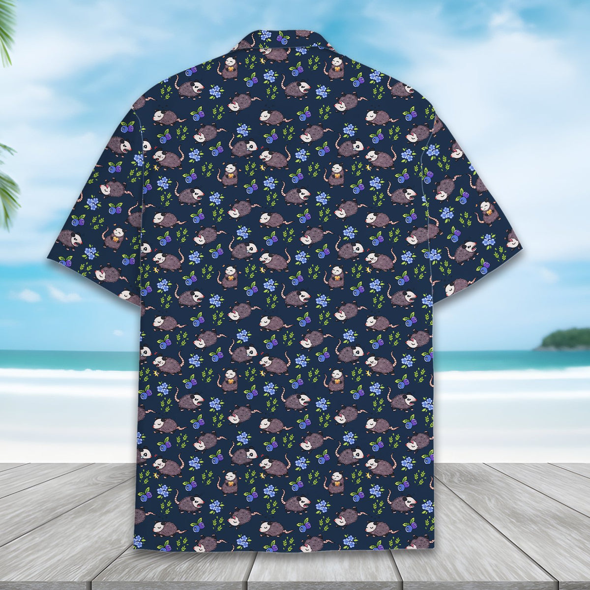 Navy animal hawaiian shirt featuring possums and blueberries pattern, alternate back view