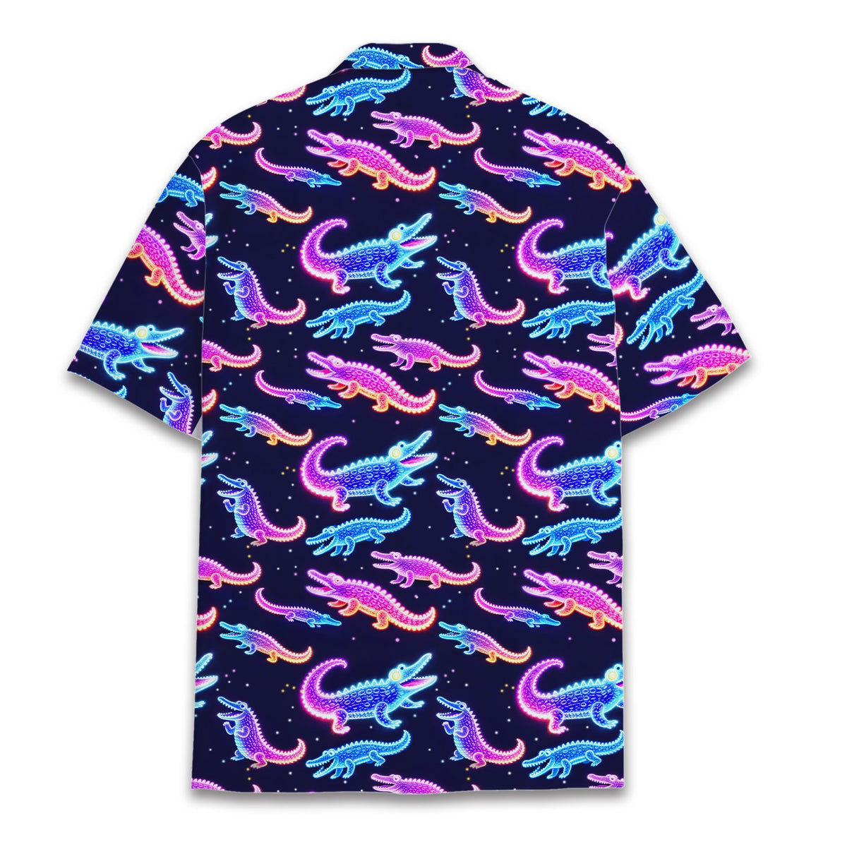Back view of the neon animal hawaiian shirt showing the continuous starry pattern