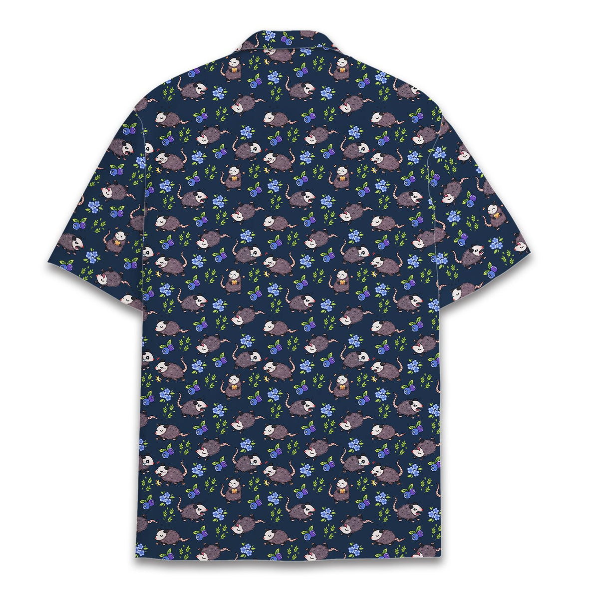 Navy animal hawaiian shirt featuring possums and blueberries pattern, back view